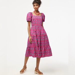 J. Crew Pink Floral Print Tiered Puff Sleeve Midi Dress